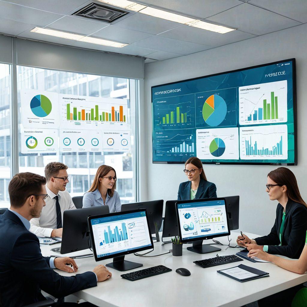 A sleek, modern office environment showcasing a digital dashboard displaying certification management metrics. Include a diverse group of professionals collaborating around a large screen with graphs and certifications on display. Soft blue and green color palette for a calm yet productive feel. Elements of technology such as tablets or laptops should be visible, symbolizing effective verification services. super-realistic. vibrant colors.